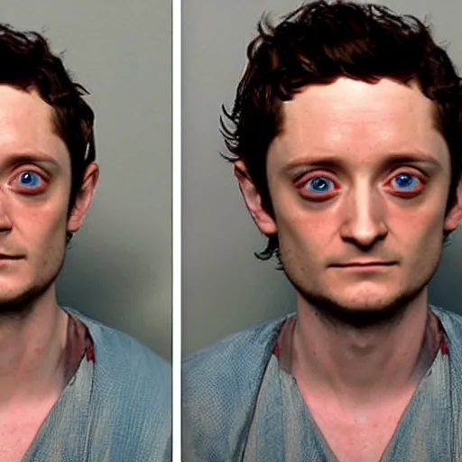 Image similar to Elijah Wood as Frodo Baggins, mugshot photograph