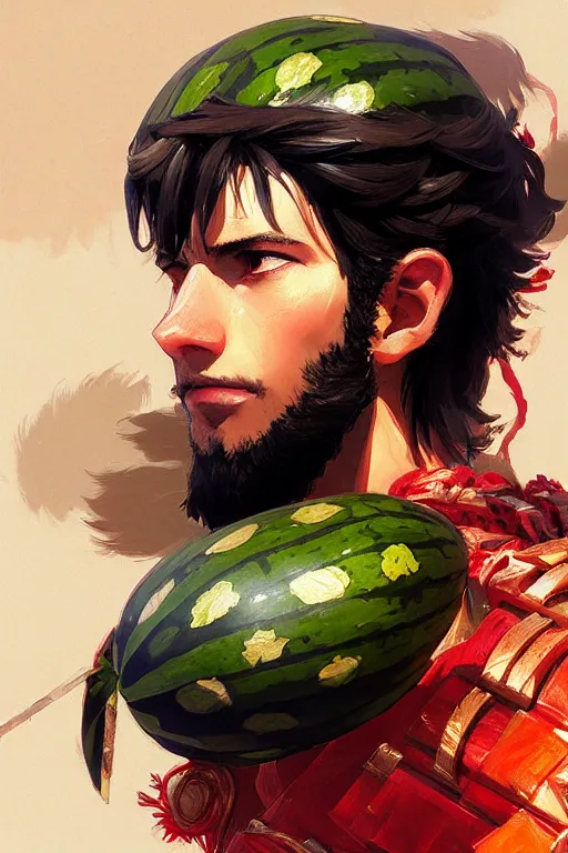 Image similar to a mix of a watermelon and a greek king, intricate, headshot, key visual, conceptart, ambient lighting, highly detailed, digital painting, artstation, concept art, sharp focus, by makoto shinkai and akihiko yoshida and greg manchess