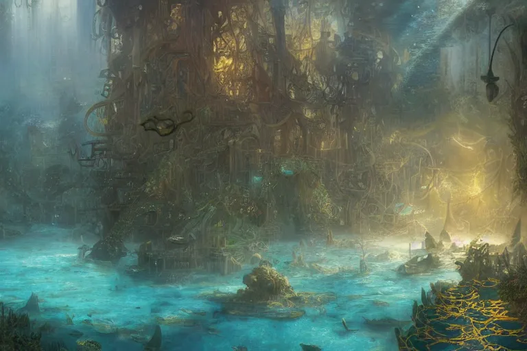 Image similar to a scenic landscaping view of the lost and abandoned city of Atlantic under water, ray of sunlight, mermaids in distance, Greg Rutkowski, Moebius, Mohrbacher, Mucha, blue and gold color scheme, ultra wide angle, light effect