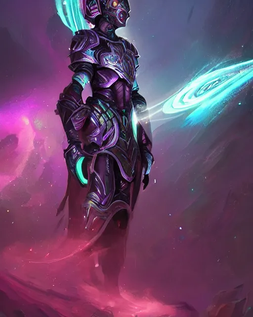 Image similar to Gladiator armor made of galaxies and sci fi parts conjuring cosmic energy, surrealism, smooth, intricate, elegant, galactic energy, power aura, neon glowing spells, digital painting, artstation, concept art, high tech fantasy, sharp focus, illustration, art by Jason Chan and Riot Studios and Blizzard Studios