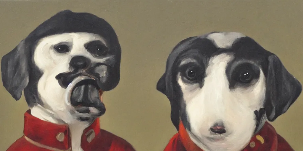 Image similar to Pedro Sánchez as anthropomorphic dog, oil painting