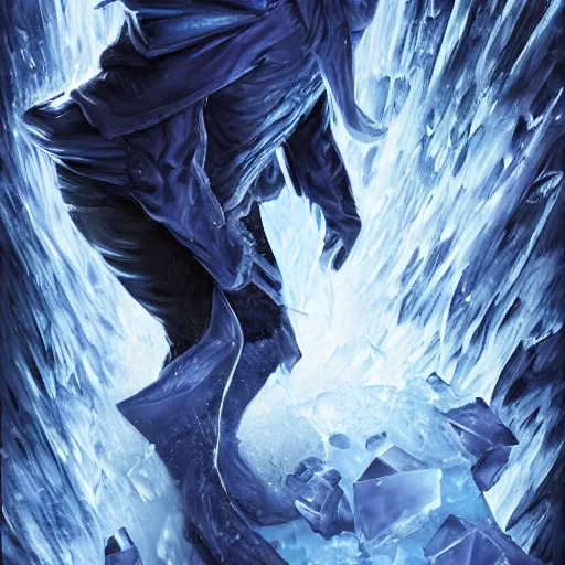 Prompt: a blue tiefling man frozen in a block of ice and being shattering into a million pieces, wearing dark cloths, ice block, cracked, destroyed, shattering, breaking, by Tony Sart, detailed, realistic, masterpiece