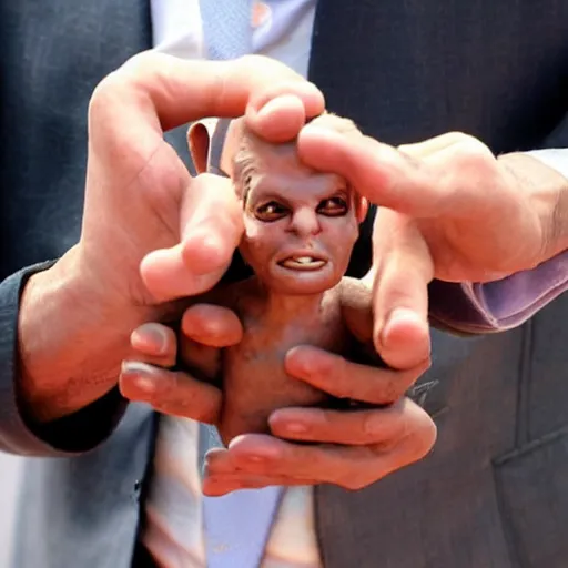 Image similar to jeff goldblum holding a miniature man in the palms of his hands