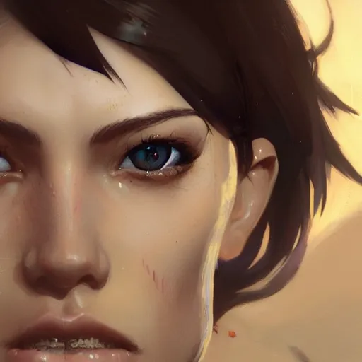 Image similar to portait of tracer in a bikini, hyperdetailed, intricate, very beautiful face, pretty face, very detailed eyes, by greg rutkowski, wlop, unreal engine 5, trending on artstation
