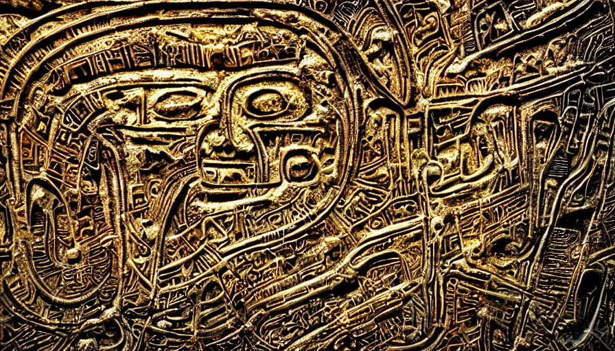 Image similar to h. r. giger hieroglyphs, sorrow intense likely, acid neochrome rainbow gold chrome metal metallic, sense of decay given, throw into the abyssal despair, various refining techniques, micro macro auto focus, top photography photo art gallery, realistic photo, insane detail