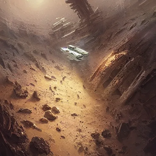 Image similar to An ancient alien ship discovered half-buried in the Australian outback, detailed fantasy art by Greg Rutkowski