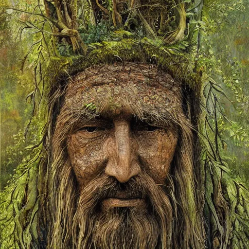 Prompt: A portait of an ancient druid made of bark, he live hidden in the vegetation of a forgotten forest, highly detailed painting, by Daisuke Satake