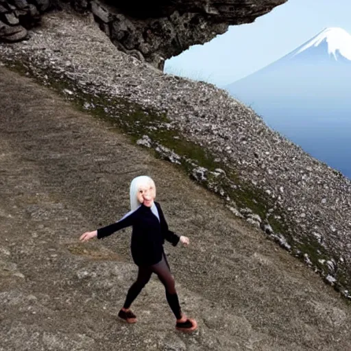 Image similar to a beautiful silver hair young woman walking up Mount Fuji in the style of studio ghibli