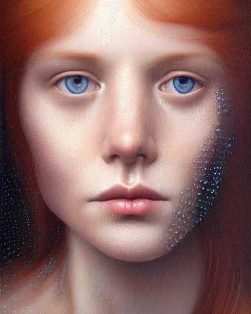 Image similar to portrait of an ethereal ginger beauty with water droplets, reflective eyes, with rain drop patterns, closeup, by mary jane ansell