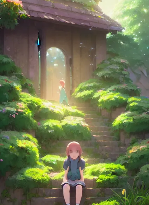 Image similar to girl sitting on a stair where there is an arched shed, many green plant and flower gowing on it, illustration concept art anime key visual trending pixiv fanbox by wlop and greg rutkowski and makoto shinkai and studio ghibli