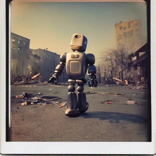 Image similar to old polaroid of a evil robot walking on a destroyed city, 8 k, uhd, golden hour, 8 0 0 mm