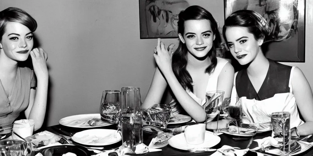 Image similar to b & w photo of emma stone and emma watson having dinner in the 1 9 5 0 s,