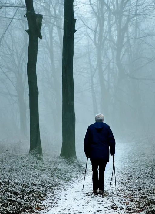 Prompt: a 3 5 mm photo from the back of a senior citizen walking in the misty snowy woods, splash art, movie still, bokeh, canon 5 0 mm, cinematic lighting, dramatic, film, photography, cold blue light, depth of field, award - winning, anamorphic lens flare, 8 k, hyper detailed, 3 5 mm film grain