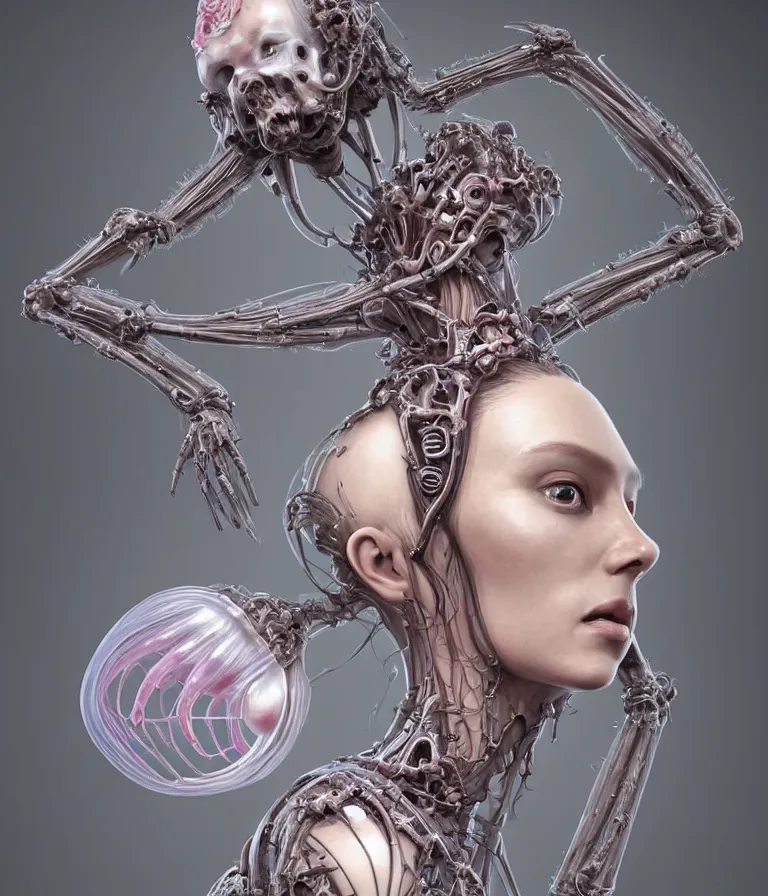 Image similar to fully symmetrical centered portrait of a beautiful princess in robe. artificial muscles, ribcage, bones, hard surface modelling. cyberpunk look. biomechanical mask. bio luminescent biomechanical halo around head. jellyfish. artwork by jarold Sng by artgerm, by Eddie Mendoza, by Peter mohrbacher by tooth wu, unreal engine, octane render, cinematic light, iridescent details, iridescent colors, dichroic, macro, depth of field, blur