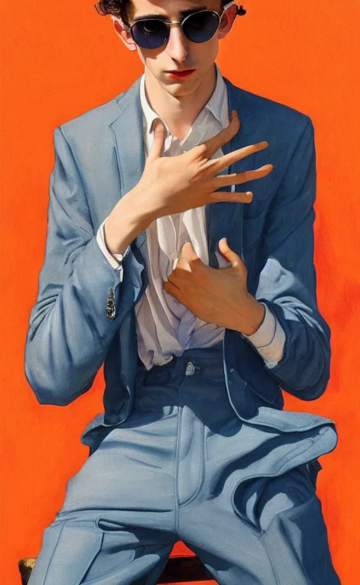 Prompt: Timothee Chalamet, the most beautiful androgynous man in the world, intense painting, sunny day at beach, tropical island, +++ super supper supper dynamic pose,  digital art, +++ +++ quality j.c. leyendecker, limited edition, shiny, veiny hands, thick eyebrows, masculine appeal high fashion, wearing orange sunglasses, crystal blue eyes, louis vuitton suit, smirking