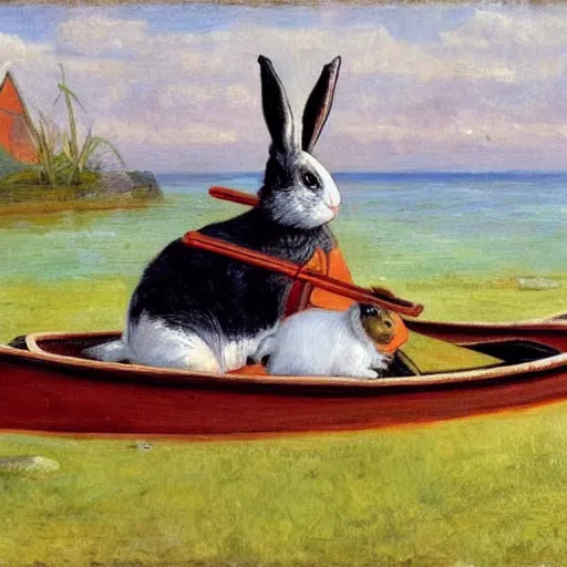 Prompt: a rabbit and a guinea pig sitting in a kayak, in the style of fanny brate