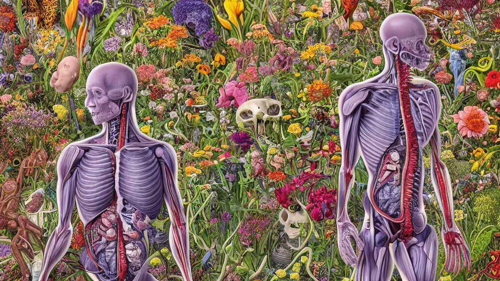 Image similar to highly detailed illustration of a human anatomy body surrounded by all the known species of flowers by juan gatti, by michael reedy!!, by moebius, by oliver vernon, by joseph moncada, by damon soule, by manabu ikeda, by kyle hotz, by dan mumford, by kilian eng