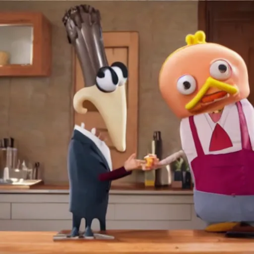 Image similar to film still of an anthropomorphic squid who is the boss of a restaurant, greeting an anthropomorphic sponge man who is a cook in the kitchen