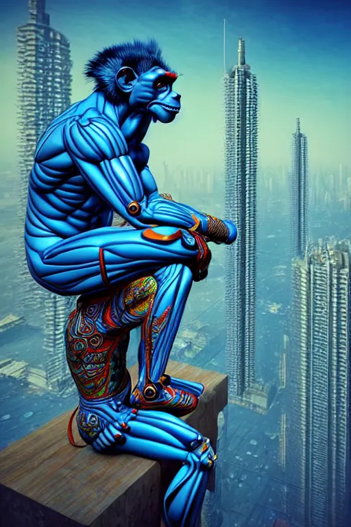 Image similar to high quality 3 d render stylized mischievous cyborg muscular man monkey blue hybrid sitting, madhubani, highly detailed, cyberpunk!! mumbai in the background, unreal engine cinematic smooth, szukalski, moody light, low angle, uhd 8 k, sharp focus