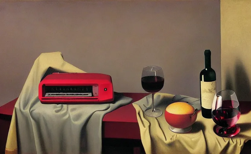 Prompt: an achingly beautiful still life featuring tillamook cheese, and red wine and an old computer by Raphael, Hopper, and Rene Magritte. detailed, romantic, enchanting, trending on artstation.