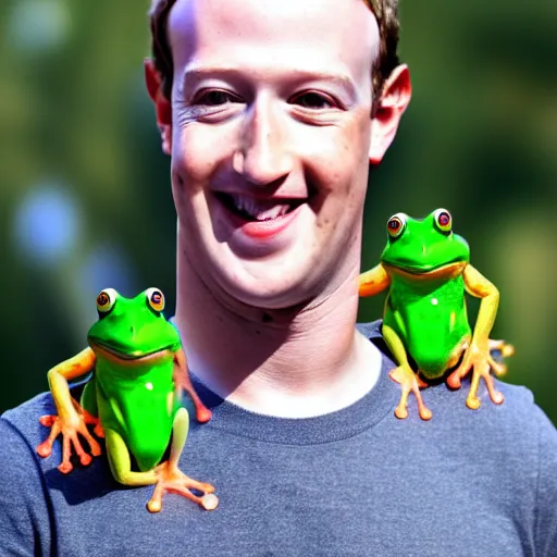 Prompt: mark zuckerberg holding his pet frog looking at the camera