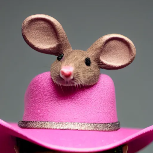 Image similar to mouse with pink cowboy hat in the bathroom, photo realistic, f 1. 4, 1 0 0 mm lens, nat geo award winner, eos, sharp focus, bokeh