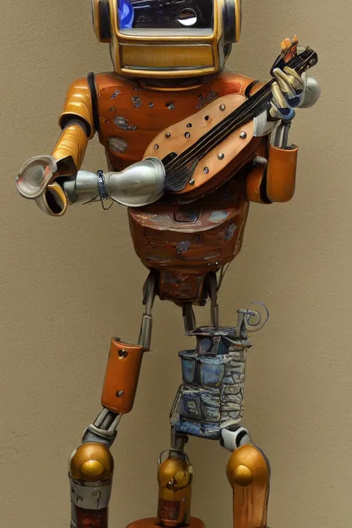 Prompt: glazed ceramic sculpture of a country bumpkin robot, playing a large banjo, straw in his mouth, standing on a speaker, fantasy, mystical, high detail, cyberpunk, style of michael cheval, hyper realistic, s, 8 k