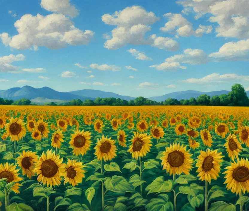 Image similar to a very detailed painting of a sunflower field, baby blue sky with very aesthetic stylized clouds, there is an ad billboard on the field, there are blue mountains in the back, in the style of edward hopper and hugo pondz, very fine brushstrokes, 4 k,