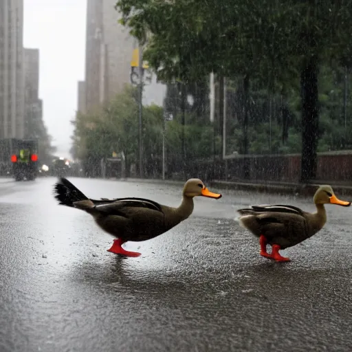 Prompt: ducks crossing the street on a rainy day, dslr photo, f3.5