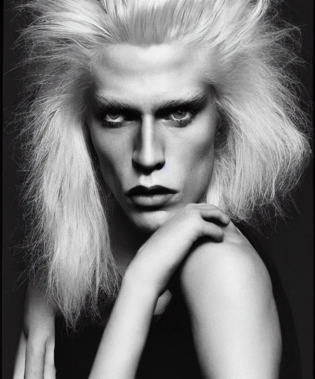 Image similar to a color photograph of a non binary model, platinum blonde, by robert mapplethorpe, intense, bold, hyperrealistic, ultra sharp, extra details, ultra high quality, trending on pinteresst