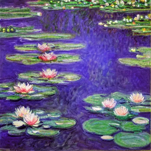 Prompt: Water Lilies, Claude Monet, masterpiece, 4k art gallery scan, oil on canvas (deframed),Blue and dark green and purple