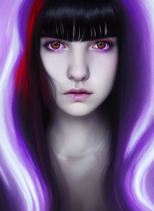 Image similar to portrait of teenage girl with white bangs, red irises, black hair, purple clothes, white bangs, bangs are different color from hair, intricate, front of hair is white rest is black, elegant, glowing lights, highly detailed, digital painting, artstation, concept art, smooth, sharp focus, illustration, art by wlop, mars ravelo and greg rutkowski