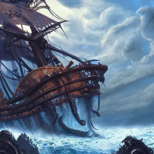 Image similar to kraken crushing pirate ship under sunny skies, trending on artstation, ultra fine detailed, hyper detailed, hd, concept art, digital painting