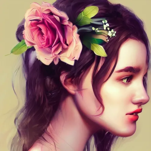 Image similar to a photorealistic portrait of a beautiful woman with flowers in her hair, artstation, outdoors