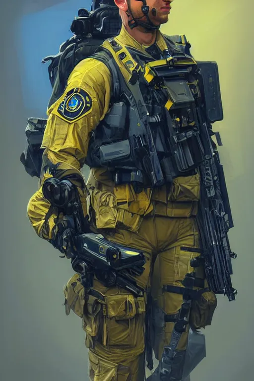 Image similar to a special forces unit soldier modern technology, blue and yellow shoulder patch, realistic portrait full body, symmetrical, highly detailed, digital painting, artstation, concept art, smooth, sharp focus, illustration, cinematic lighting, art by artgerm and greg rutkowski and alphonse mucha