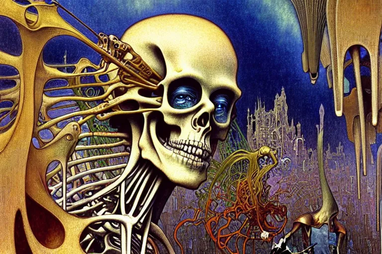 Image similar to realistic detailed closeup portrait painting of a single skeleton wearing a cape in a crowded futuristic street by Jean Delville, Amano, Yves Tanguy, Alphonse Mucha, Ernst Haeckel, Edward Robert Hughes, Roger Dean, rich moody colours, blue eyes