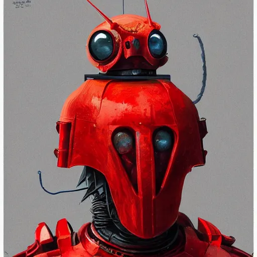 Prompt: red kon - dam with spiked and long mandible droid bird helmet, style artistically anthropomorphic. zoidberg, dynamic pose. science fiction, portrait by donato giancola and greg rutkowski and wayne. hyper detailed. rendered in 3 0 0 0 cycles. top all time r / imaginarycyberpunk.