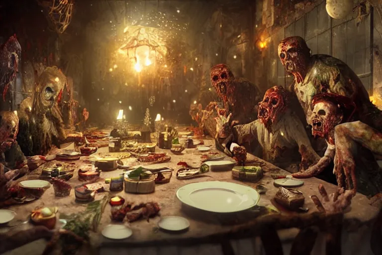 Image similar to the most amazing dream you ever had about zombies christmas dinner, hyper realistic, ambient lighting, concept art, intricate, hyper detailed, smooth, dynamic volumetric lighting, octane, cinematic