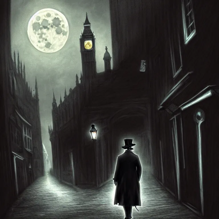 Prompt: jack the ripper lurking in a dark alleyway, holding a knife, one point perspective, full moon, foggy night, black alley cat, cobblestone road, stone arch, big ben, digital painting, hyperrealistic, macabre, spooky, trending on artstation