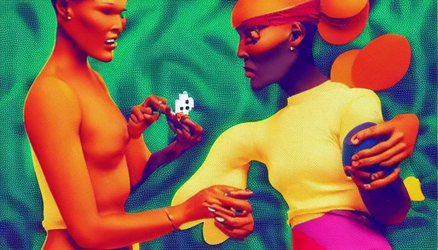 Image similar to beautiful still from retro snes arcade game featuring grace jones feeding her bioenhanced tamagotchi child, hyperreal detailed facial features and uv lighting, retro nintendo bitmap pixel art