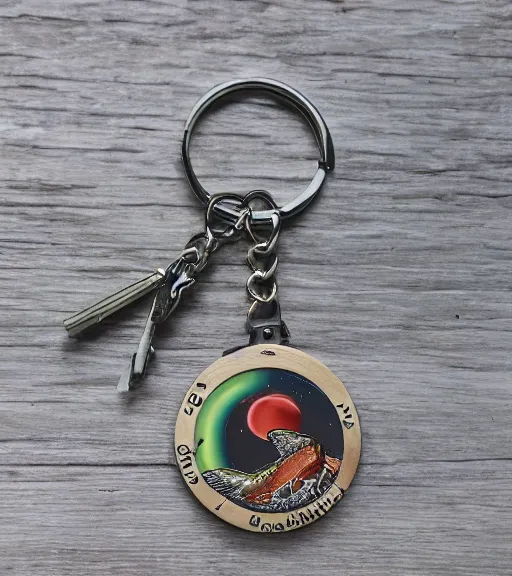 Image similar to realistic keychain of a bear eating a salmon under the northern lights