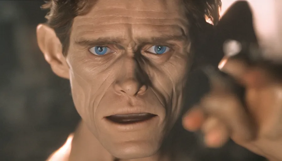 Image similar to young Willem Dafoe as a Sith Lord, cinematic lighting, close-up, cinematography