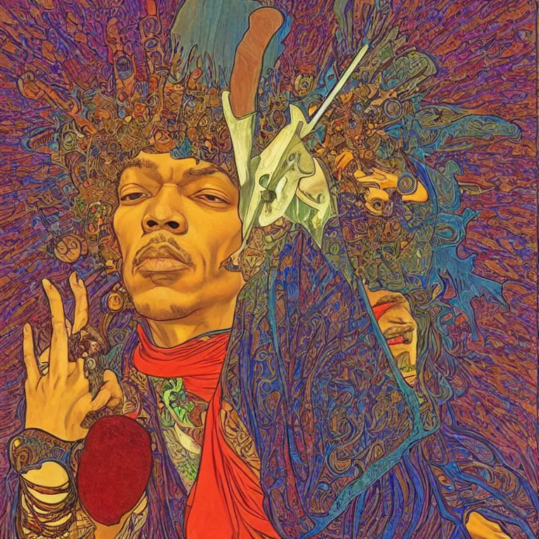 Image similar to colorfull artwork by Franklin Booth and Alphonse Mucha and Mati Klarwein showing a portrait of Jimi Hendrix as a futuristic space shaman