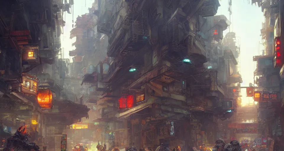 Image similar to craig mullins and ghibli digital art of chinatown street, sunset alley, erlang shen yang jian in a mecha shuttles through the ancient city of china, cyberpunk style, unreal engine, hyper realism, realistic shading, cinematic composition, realistic render, octane render, detailed textures, photorealistic, wide shot