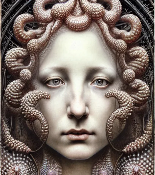 Prompt: detailed realistic beautiful pearl goddess face portrait by jean delville, gustave dore, iris van herpen and marco mazzoni, art forms of nature by ernst haeckel, art nouveau, symbolist, visionary, gothic, neo - gothic, pre - raphaelite, fractal lace, intricate alien botanicals, ai biodiversity, surreality, hyperdetailed ultrasharp octane render