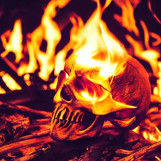 Image similar to flaming skull in a campfire