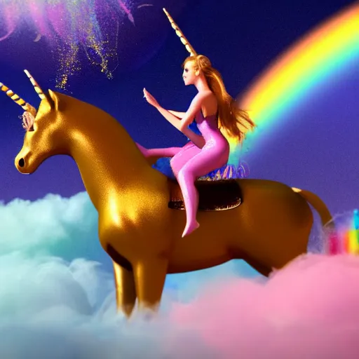 Image similar to a fairy riding a unicorn, on the top of a rainbow, pastel tones, sparkles, glitter, octane render, 8k, flat brush, matte painting, trending on artstation