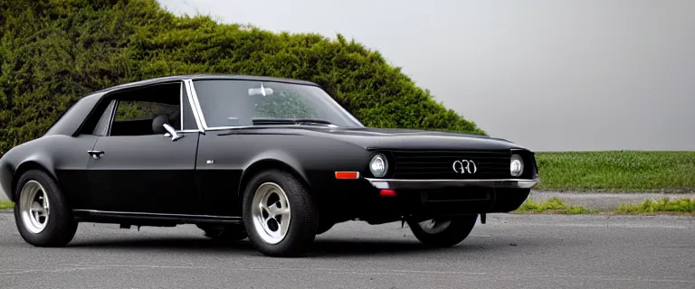 Image similar to all black audi camaro b 1 ( 1 9 6 7 ), restomod, establishing shot