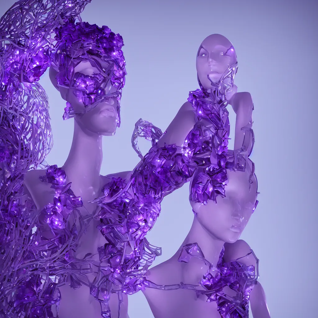 Prompt: beautiful mannequin sculpted out of amethyst by billelis + lit with 3 d geometric neon + facing a doorway opening with neon pink geometric fractal light + flowering hosta plants!!!, moon in background!!, moody, dramatic, rule of thirds, confident, award winning, 4 k, trending on artstation, photorealistic, volumetric lighting, octane render