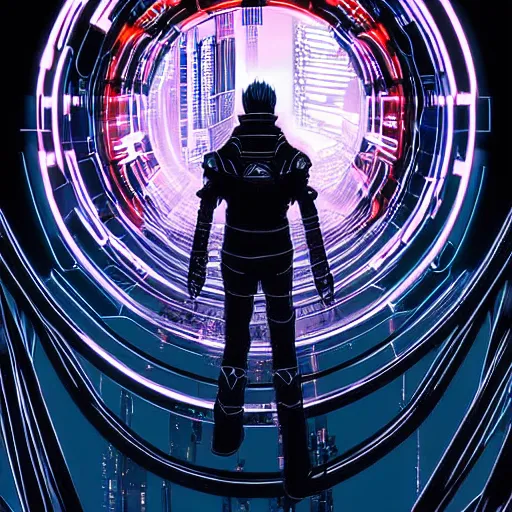 Image similar to Perfect circle portal leading to a vast neon cyberpunk Tokyo in style of Tsutomu Nihei. Cyberpunk, vertical symmetry, 8K, Highly Detailed, Intricate, Vivid.